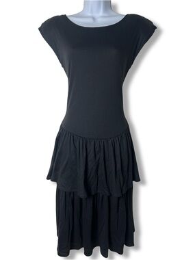 VTG 90s Timely Trends Black Drop Waist Tiered Ruffle Cap Sleeve Midi Dress 11/12